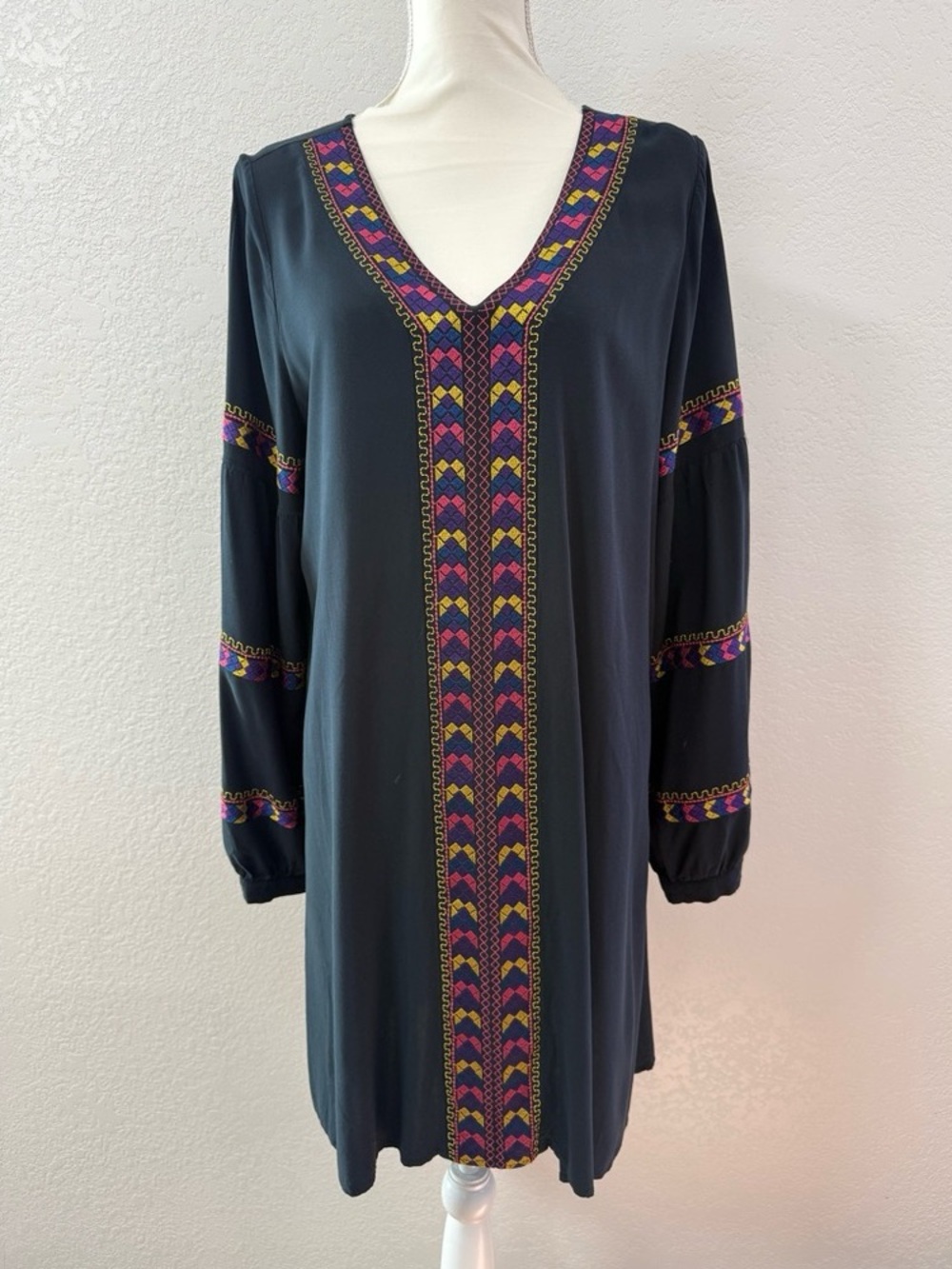 V-Neck Long Sleeve Black Dress with Colorful Embroidered Trim